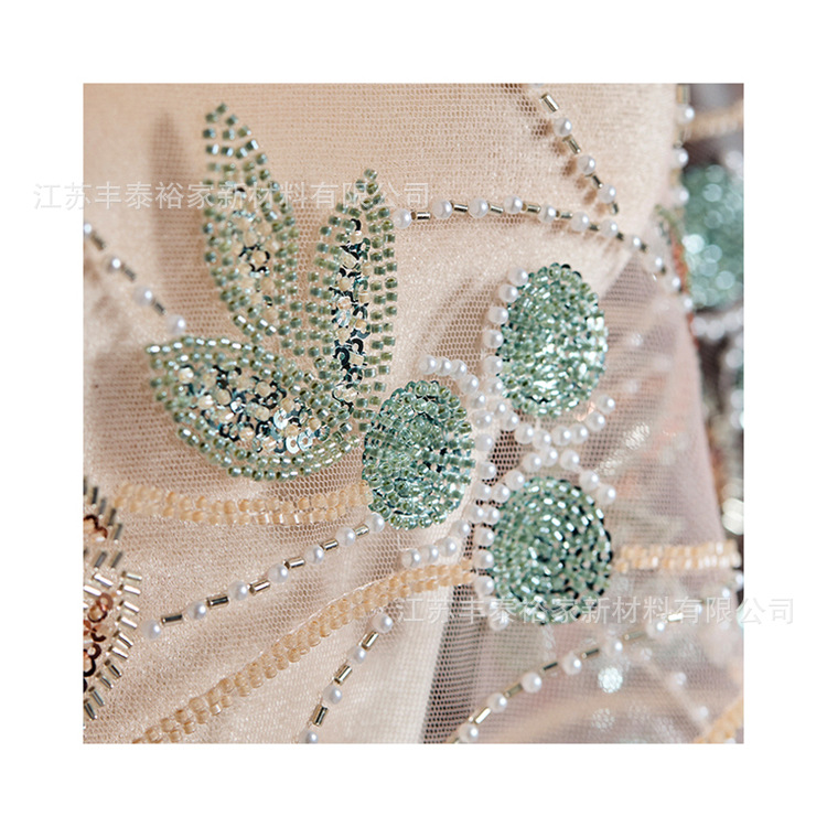 Tejido de malla bordada, tela de línea verde, flor de sequilla, cuentas de clavos, tela de malla bordada tridimensional, flores image 5