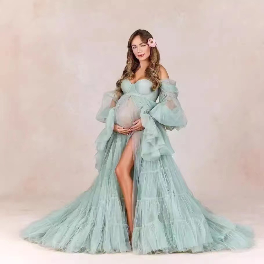Nuevo cross-border caliente de tela de malla suave para fotos de mujeres embarazadas, vestido de mangas largas, falda de abdomen grande