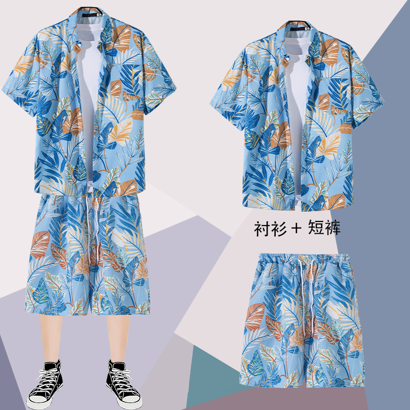 Hawaiano señaló collar floral camisa de los hombres de manga corta Camisa de playa suelta traje pareja estilo Hong Kong retro moda Ruan guapos pantalones cortos