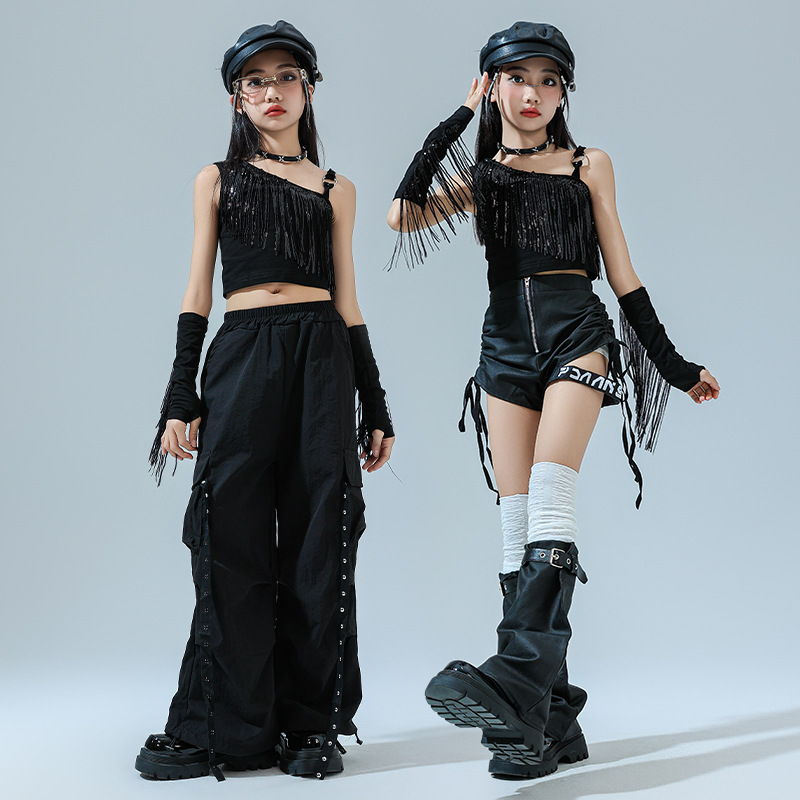 女童爵士舞服装潮酷时髦女孩黑色流苏露脐吊带套装儿童街舞潮服女