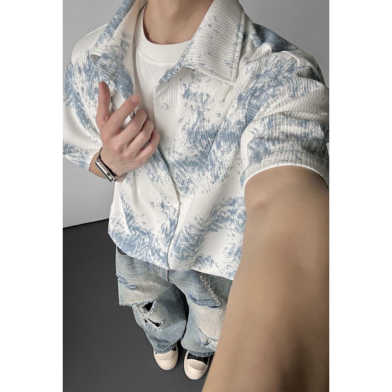American-Style Cleanfit Tie-Dye Textured Short-Sleeve Shirt for Men, Oversized Loose Fit, Trendy Brand, Old Money Style, Cool and Stylish Shirt