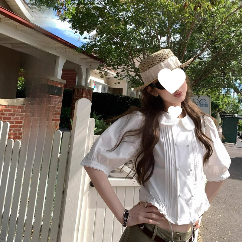 Axb Panama Rose Mid-Sleeve Doll Collar White Shirt with Lapel and Lace Puff Sleeves for Women