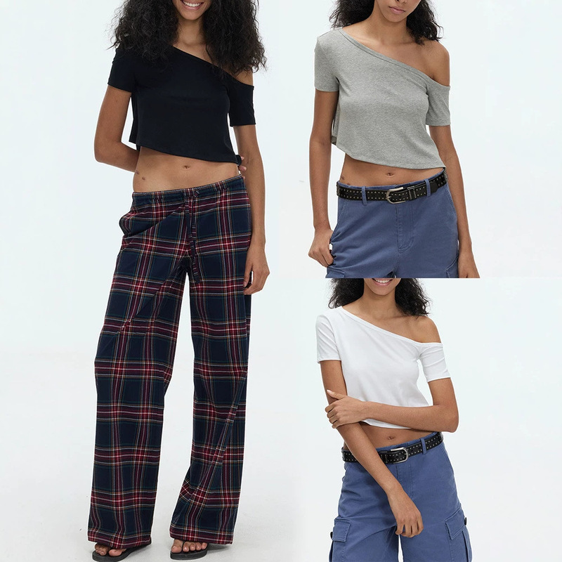 In-stock American-style irregular niche off-shoulder cropped T-shirt for women, simple and slimming, casual and stylish short-sleeved top