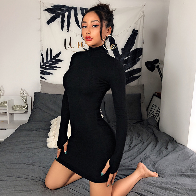 Black High-Neck Long-Sleeved Bottoming Dress for Women, New Autumn Style, Super Stylish, Waist-Slimming, Hip-Hugging Short Skirt Black High-Neck Long-Sleeved Bottoming Dress for Women, New Autumn Style, Super Stylish, Waist-Slimming, Hip-Hugging Short Skirt