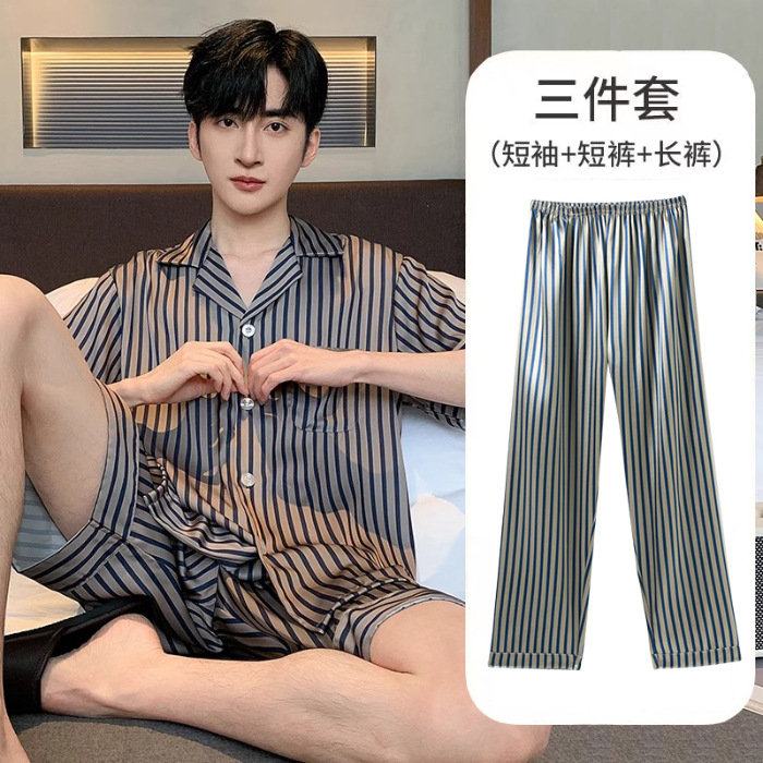 Verano seda de hielo Jacquard pijama hombre delgado alto sentido ligero lujo casual ropa de casa de tres piezas set en vivo