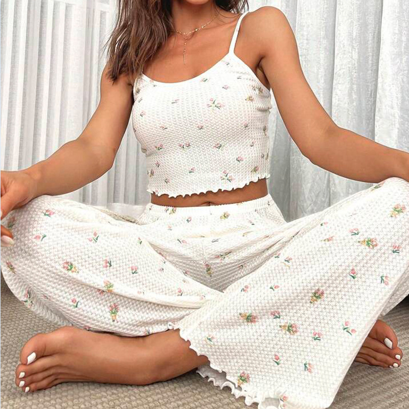 Amazon 2026 New Cross-Border Casual Women's Suit Waffle Print Suspender Pants Pajamas Two-Piece Set