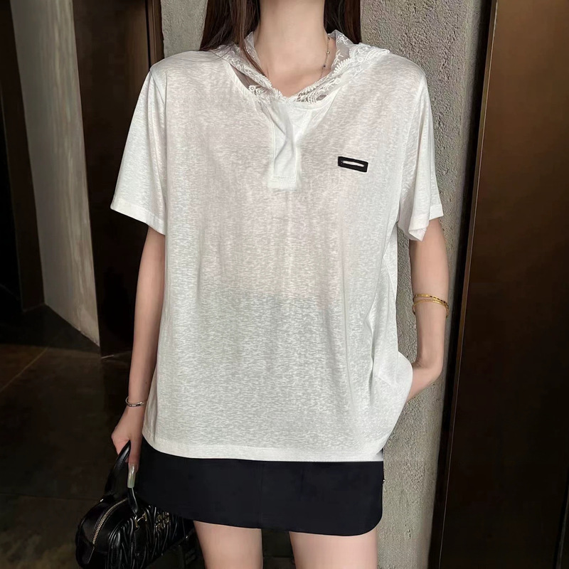 Nanyou High-End Women's Clothing 2026 Summer mm's New Stylish Lace Patchwork Hooded Short Sleeve T-Shirt