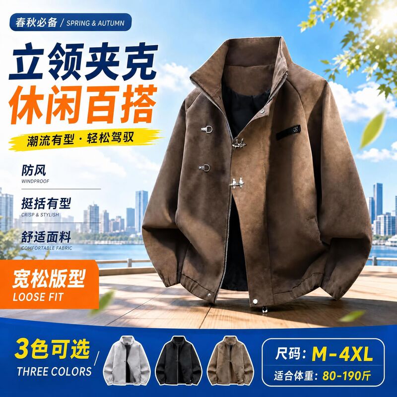 Men's Stand Collar Jacket, Spring and Autumn Casual Workwear Coat, Loose Fit, Versatile, Trendy, Solid Color, Long Sleeve Top Men's Stand Collar Jacket, Spring and Autumn Casual Workwear Coat, Loose Fit, Versatile, Trendy, Solid Color, Long Sleeve Top