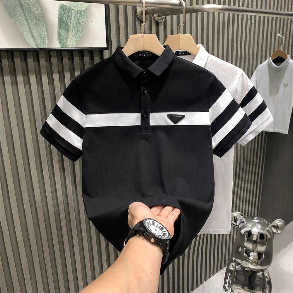 2025 Summer New Short-Sleeved Polo Shirt Men's Trendy Brand High-End t Korean Style Casual Handsome Stripesd Lapel T-Shirt