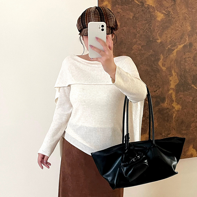 Plus-size women's French-style faux two-piece shawl knit top, Fall 2026, elegant top with off-the-shoulder neckline for plus-size women 25135