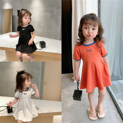 夏季女童連衣裙寶寶網紅洋氣兒童個性潮牌韓版刺繡蝴蝶拼色公主裙