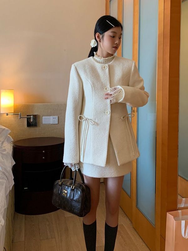 毛呢大衣女秋冬高级感呢子夹棉韩系气质中长款小香风外套两件套|undefined