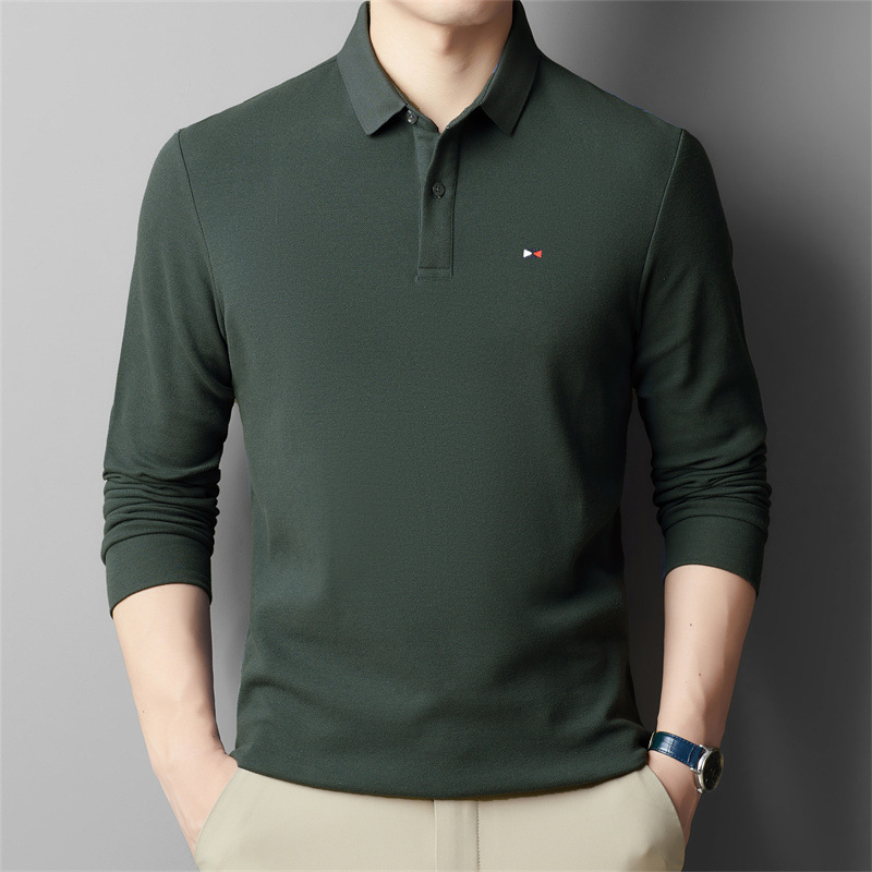 Pure Cotton Long-Sleeved T-Shirt for Men with Lapels, Middle-Aged Men's Spring and Autumn Men's Clothing, Embroidered Loose-Fitting Bottoming Shirt, Loose-Fitting Top