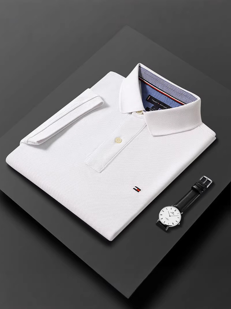 Original 26 New Products Tommy Pure Color Men's Polo Shirt Short-Sleeved Large Size Casual T-Shirt Loose Cotton Top