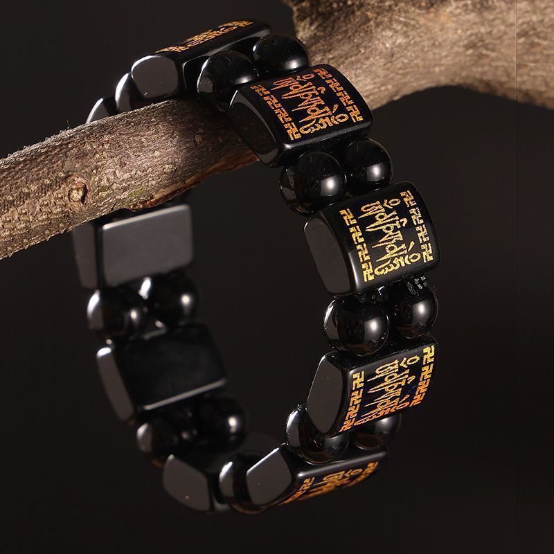Imitation obsidian six-character mantra bracelet, double-row hand charm with gold-plated pattern, men's square charm, popular accessory, live streaming hit product Imitation obsidian six-character mantra bracelet, double-row hand charm with gold-plated pattern, men's square charm, popular accessory, live streaming hit product