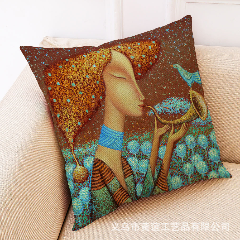 亚马逊eBay新款艺术女孩棉麻抱枕套 汽车抱枕 办公室午睡抱枕批发