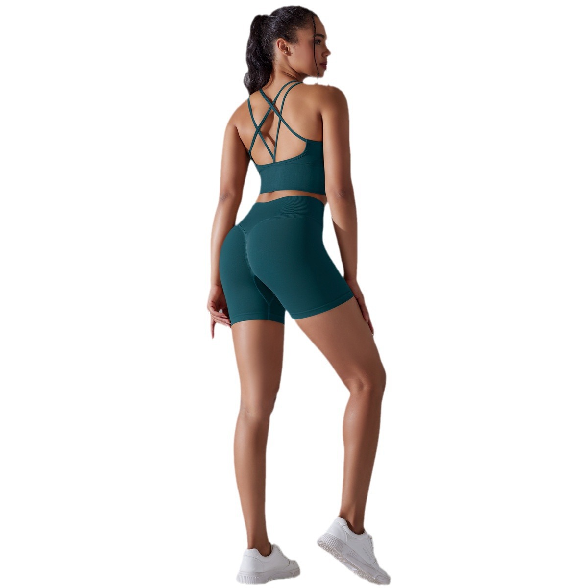 Transfronteriza europea y americana sin costuras de punto de color sólido belleza espalda alta elástica deportes apretados ropa de yoga traje de correr fitness traje de dos piezas