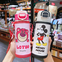 Mickey Children's Dual-Use Insulated Cup with 316 Stainless Steel Portable Straw, School Student Travel Cup, Cross-Shoulder Bag Holder