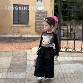 女童套装秋装2025新款洋气韩版长袖卡通宝宝T恤屁帘工装裤两件套