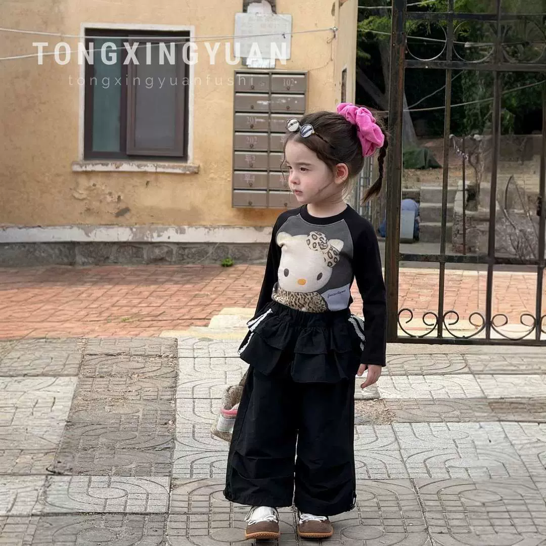 女童套装秋装2025新款洋气韩版长袖卡通宝宝T恤屁帘工装裤两件套