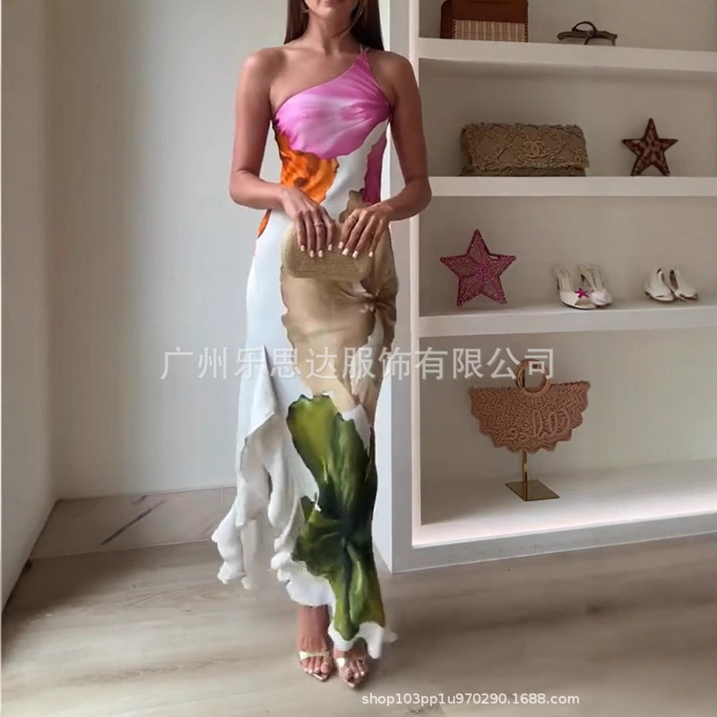 in stock 2025 Amazon Independent Station European and American Cross-border Women's Sexy Shoulder Long Slip Skirt with Ruffles