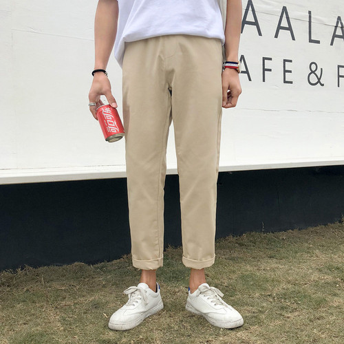 Men's Khaki Color Korean Style Trendy Nine-Twelve Inseam Casual Straight Leg Pants Loose Student New Pure Color Summer Pants