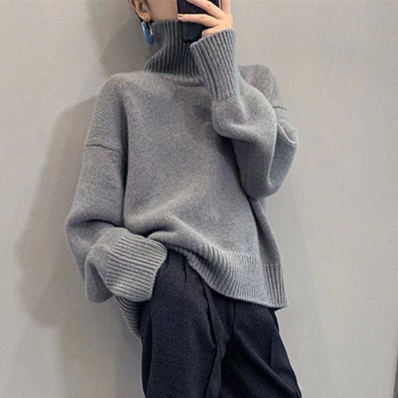 跨境外贸秋冬软糯高领套头毛衣女装慵懒风纯色针织衫打底衫上衣潮|undefined