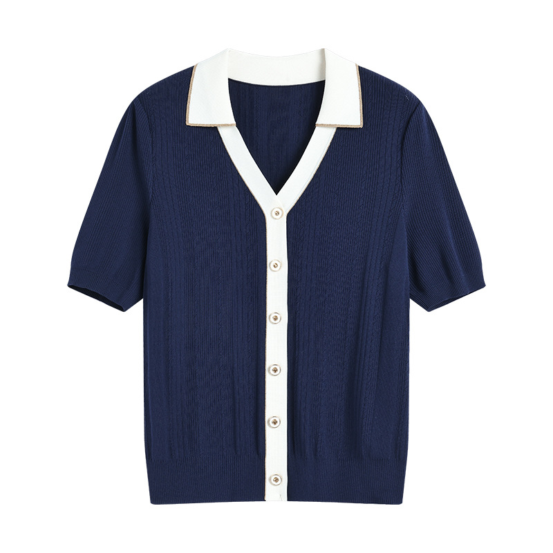 Tweed Style Polo Short-Sleeved Navy Blue Knitwear for Women, High-End Accessible Luxury French Elegant Fashion Loose Slimming Look Top