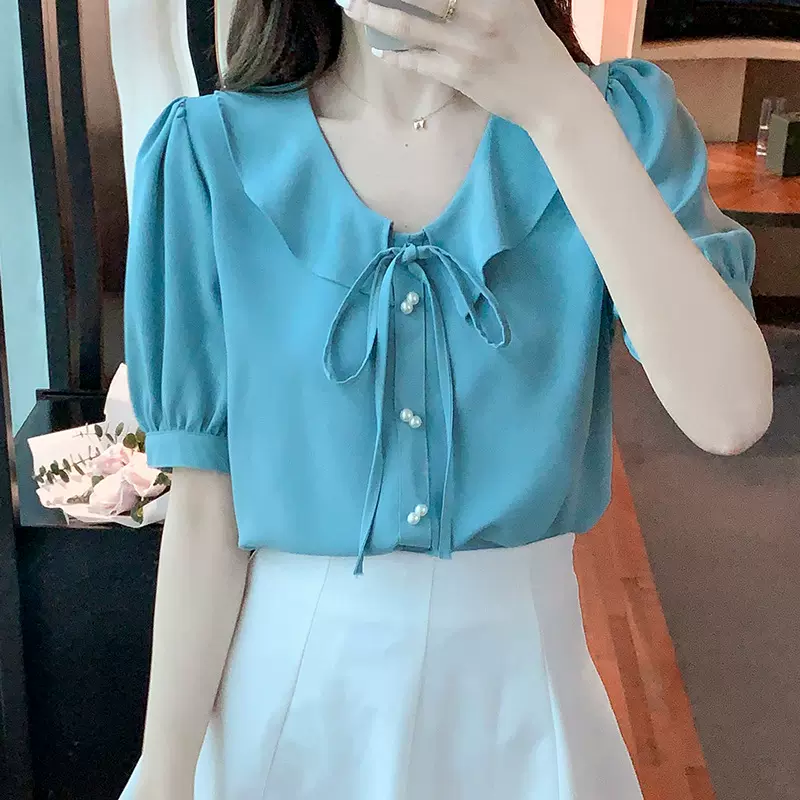 2025年夏季新款蕾丝拼接荷叶边方领雪纺衬衫女设计感小众减龄上衣