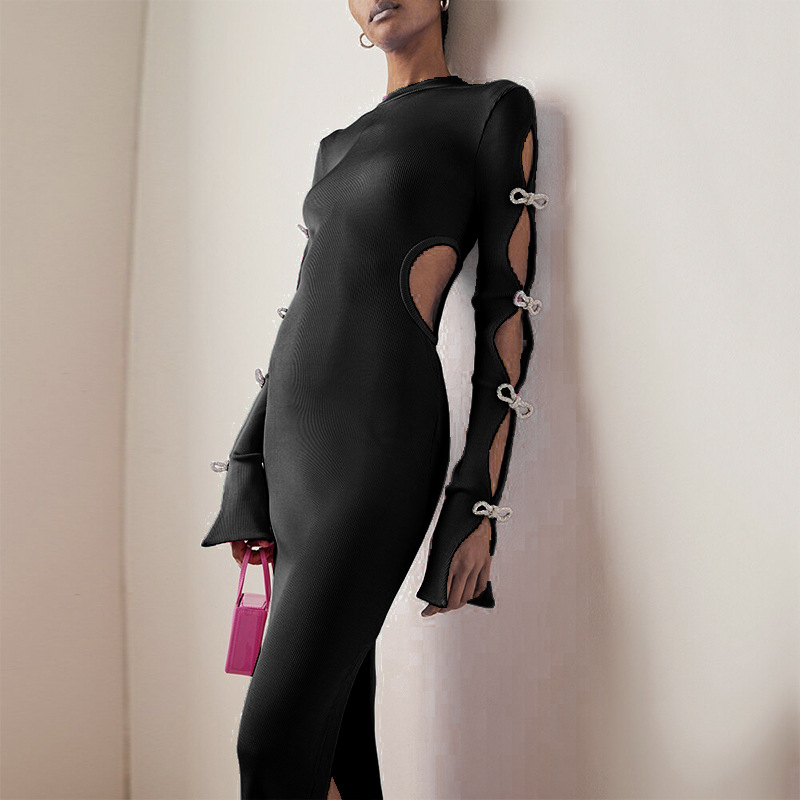 Frauen Kleidung neue rose rot bogen hohl dark muster langen rock elastische bandage ausgesetzt taille kleid frauen kleidung_voghion.com