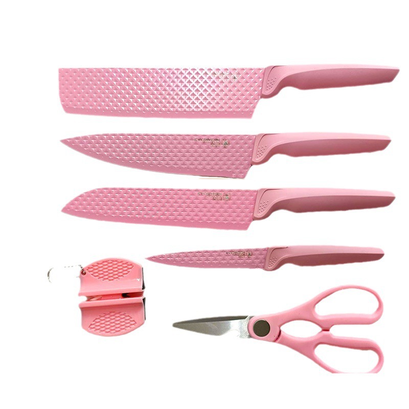 Venta caliente patrón de diamante juego de cuchillos hexagonales juego de cuchillos de cocina rosa afilado tijeras de cocina cuchillo de cocina juego afilado