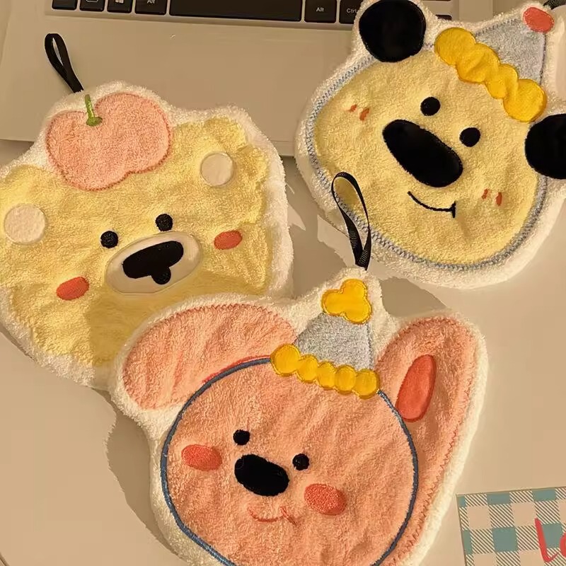 クリーム誕生日子犬ウサギキッチンコーラルベルベットハンドタオル漫画クマぶら下げ吸収性厚いハンカチ家庭用雑巾|undefined