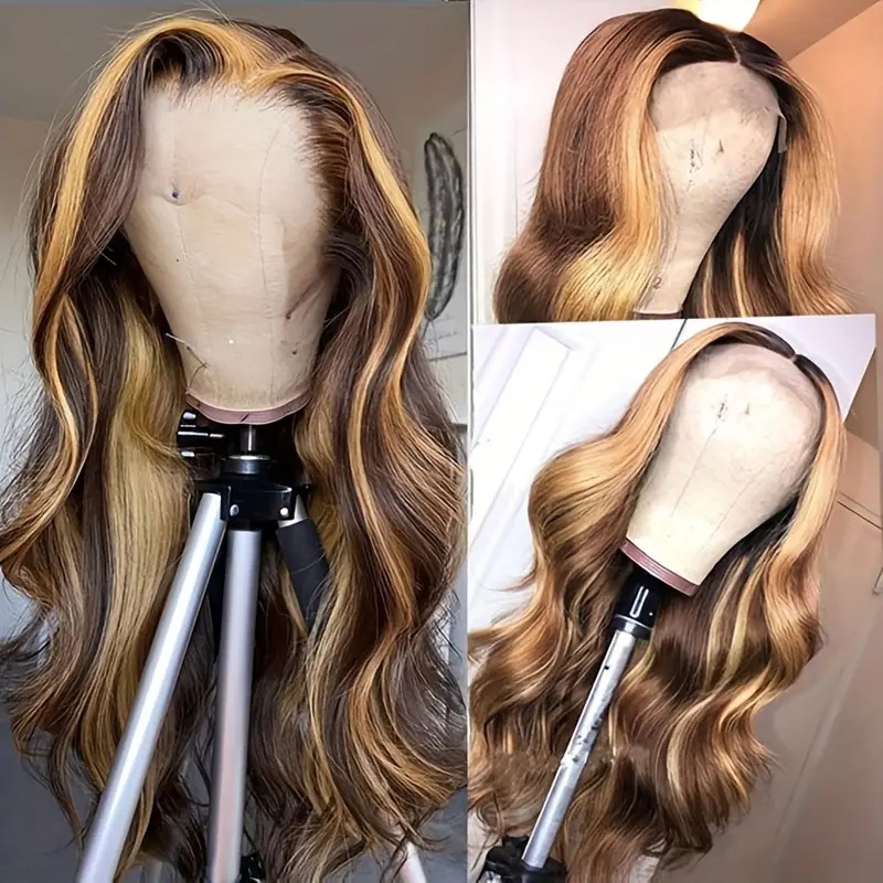 Spitzenbesetzte Perücken im europäischen und amerikanischen Stil mit Highlights, gewellten Locken, synthetische Haarverlängerungen_voghion.com