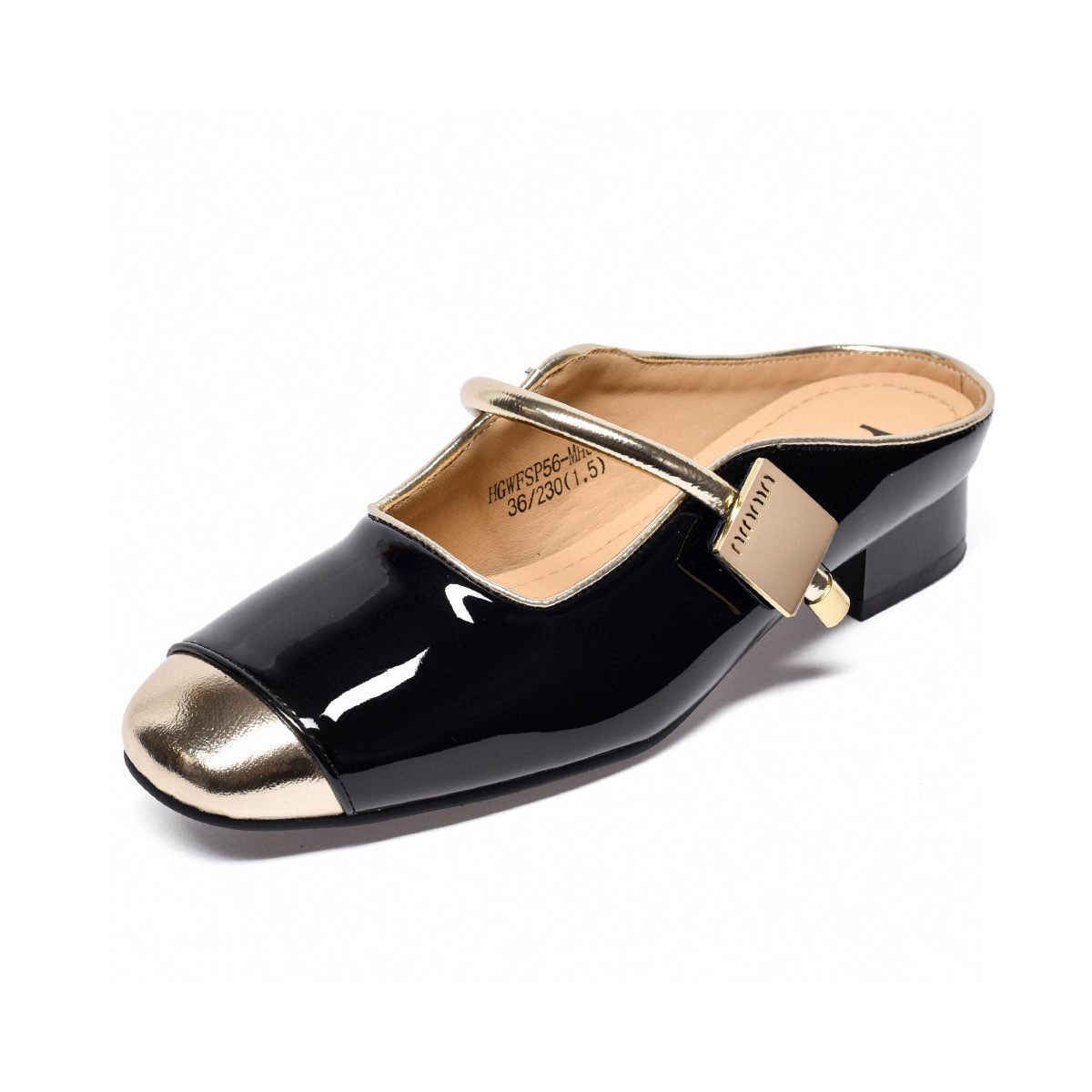 Sandal Mary Jane nữ da thật mũi vuông quai ngang đế thô gót thấp — đen
