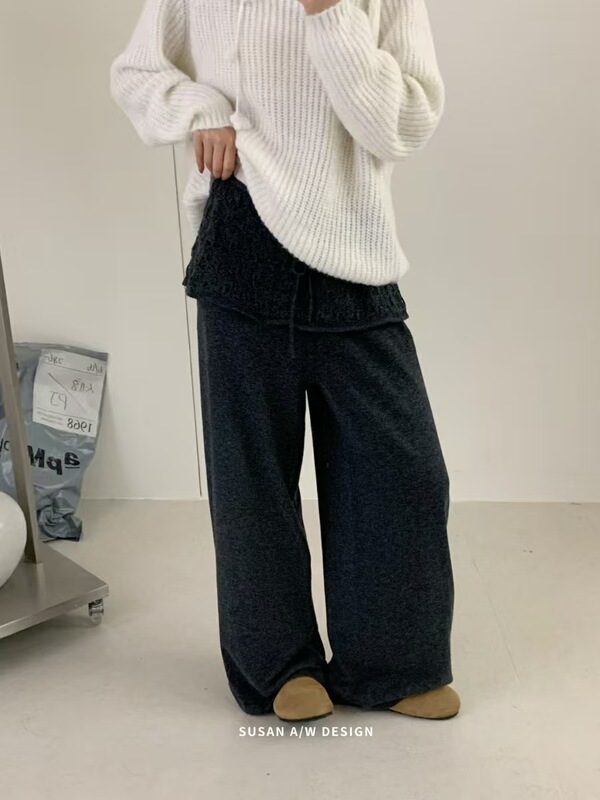 苏珊 韩系镂空花边屁帘阔腿裤女秋季高腰垂感宽松直筒休闲裤26883|undefined