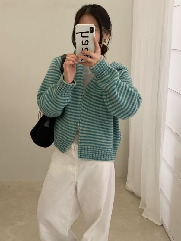 春秋冬季韩版拉链条纹连帽卫衣女宽松百搭针织衫慵懒复古毛衣外套|undefined