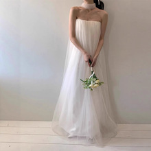 跨境批发白色轻婚纱新娘抹胸简约森系订婚晚礼服仙气旅拍轻婚纱裙