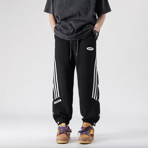 Workwear Pants for Men, American Style Summer Side Striped Buttoned Tapered Sports Pants for Men, Loose Trend Brand High Street Casual Sweatpants