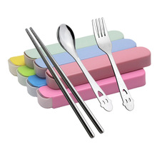 不锈钢餐具三件套叉子勺子筷子开心笑脸儿童餐具套装盒子可印logo