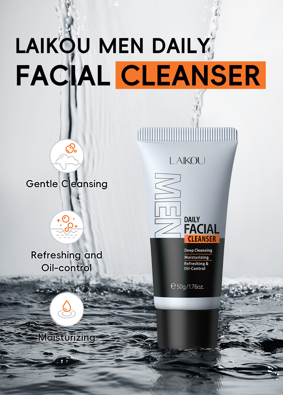 The new cross-border product LAIKOU Men's Facial Cleanser 50g refreshing facial Cleanser is in stock for facial cleansing, hydrating and moisturizing undefined
