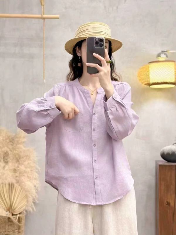 复古文艺纯亚麻V领长袖衬衫2025年秋季新款宽松单口袋简约女上衣|undefined