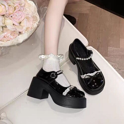 Heeled and platform dress shoes for women, spring and summer new retro French-style pearl bow college-style leather shoes