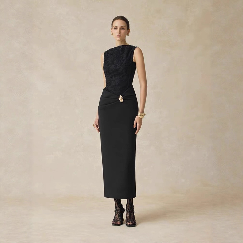 In-Stock Designer Elegant Off-The-Shoulder Long-Sleeve Waist-Cinching Dress, New Autumn Lace Patchwork Sleeveless Gown In-Stock Designer Elegant Off-The-Shoulder Long-Sleeve Waist-Cinching Dress, New Autumn Lace Patchwork Sleeveless Gown