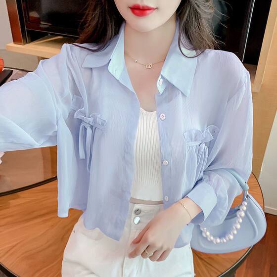 Summer New Korean Style Outer Cardigan Design for Women to Dry Clothes, Bow Chiffon Shirt, Short Top Jacket