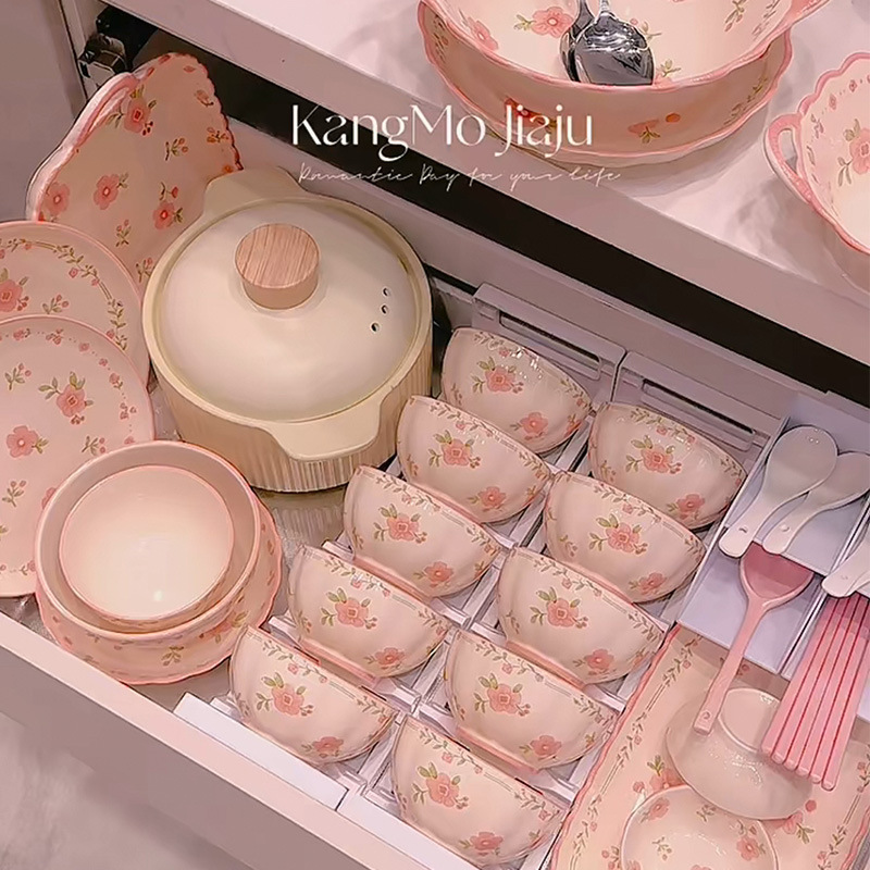 High color value ceramic dishes suit pink fresh dishes rice bowls kitchenware combination tableware housewarming festive tableware