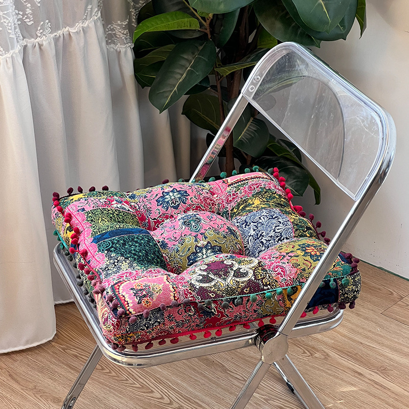 民族风靠椅加厚坐垫屁垫沙发装饰毛球方垫餐椅棉麻正方形坐垫蒲团