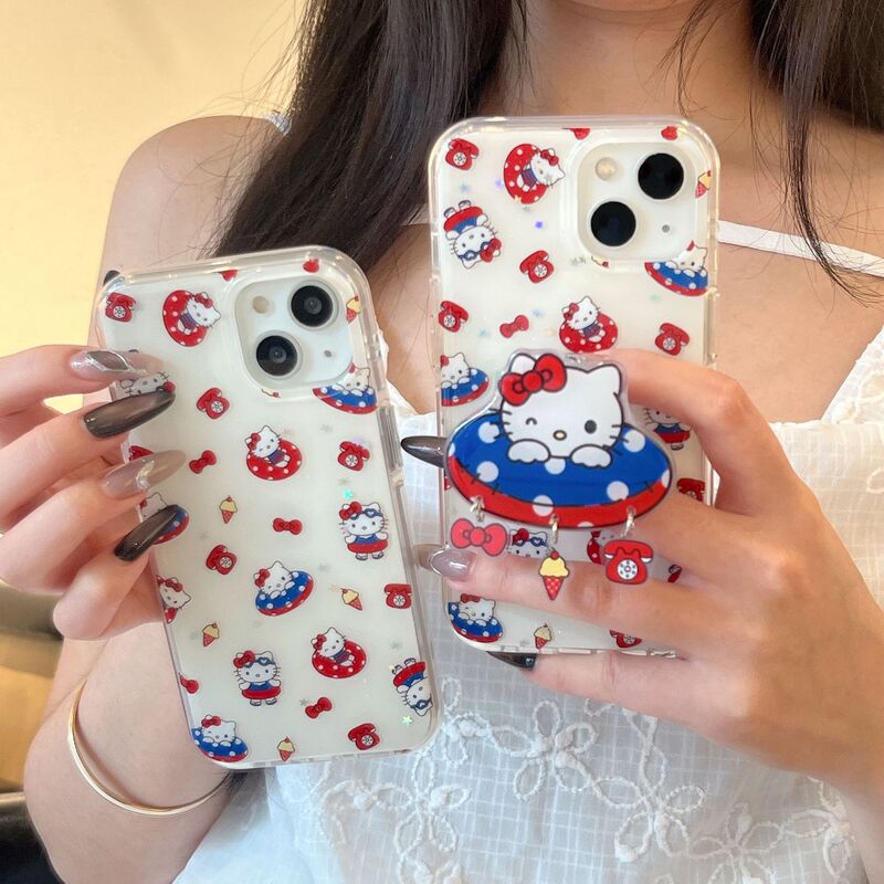 Cartoon Double-Layer Full-Screen Kitty Swimming Ring Suitable for Iphone16Pro Apple 15 New 14 Bracket Mobile Phone Case 13