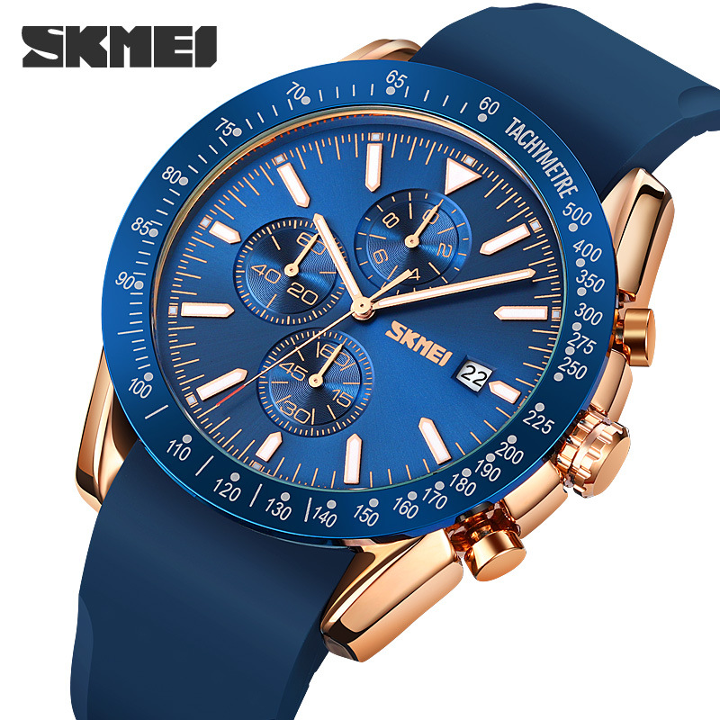 SKMEI 9253 nueva cinta de acero de seis pines calendario luminoso movimiento de cuarzo cronómetro reloj cronógrafo