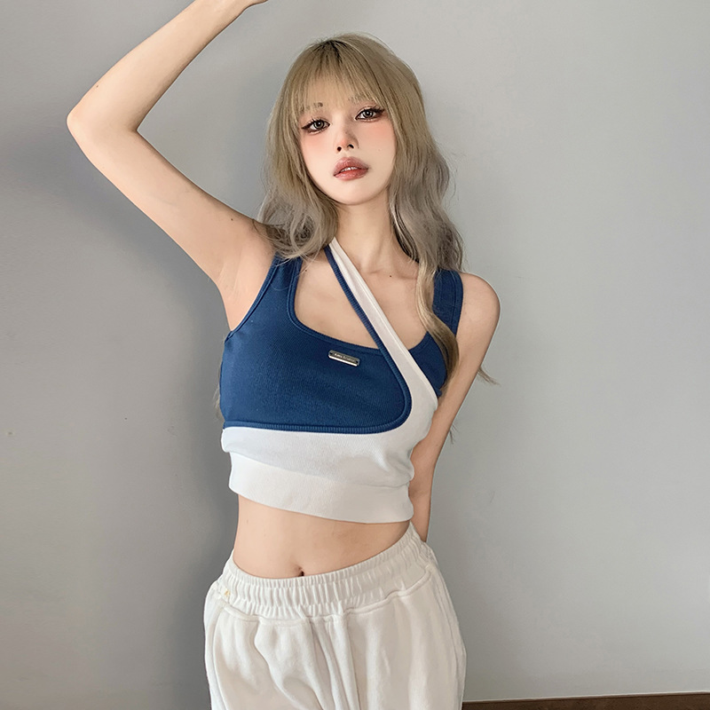 ギャルのベストの女性団風のジャズダンスの修身の短いタイプの臍を露出して踊る上着は色の偽の2つの不規則な外着にぶつかります。