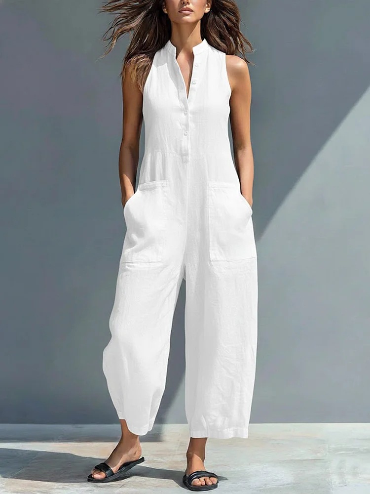 Women's Casual Sleeveless Stand Collar Jumpsuit With Pockets_voghion.com